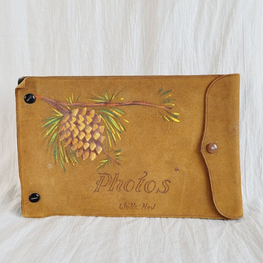 VTG Wells NV Souvenir Photo Album Rustic Suede Leather Hand Painted Pinecones